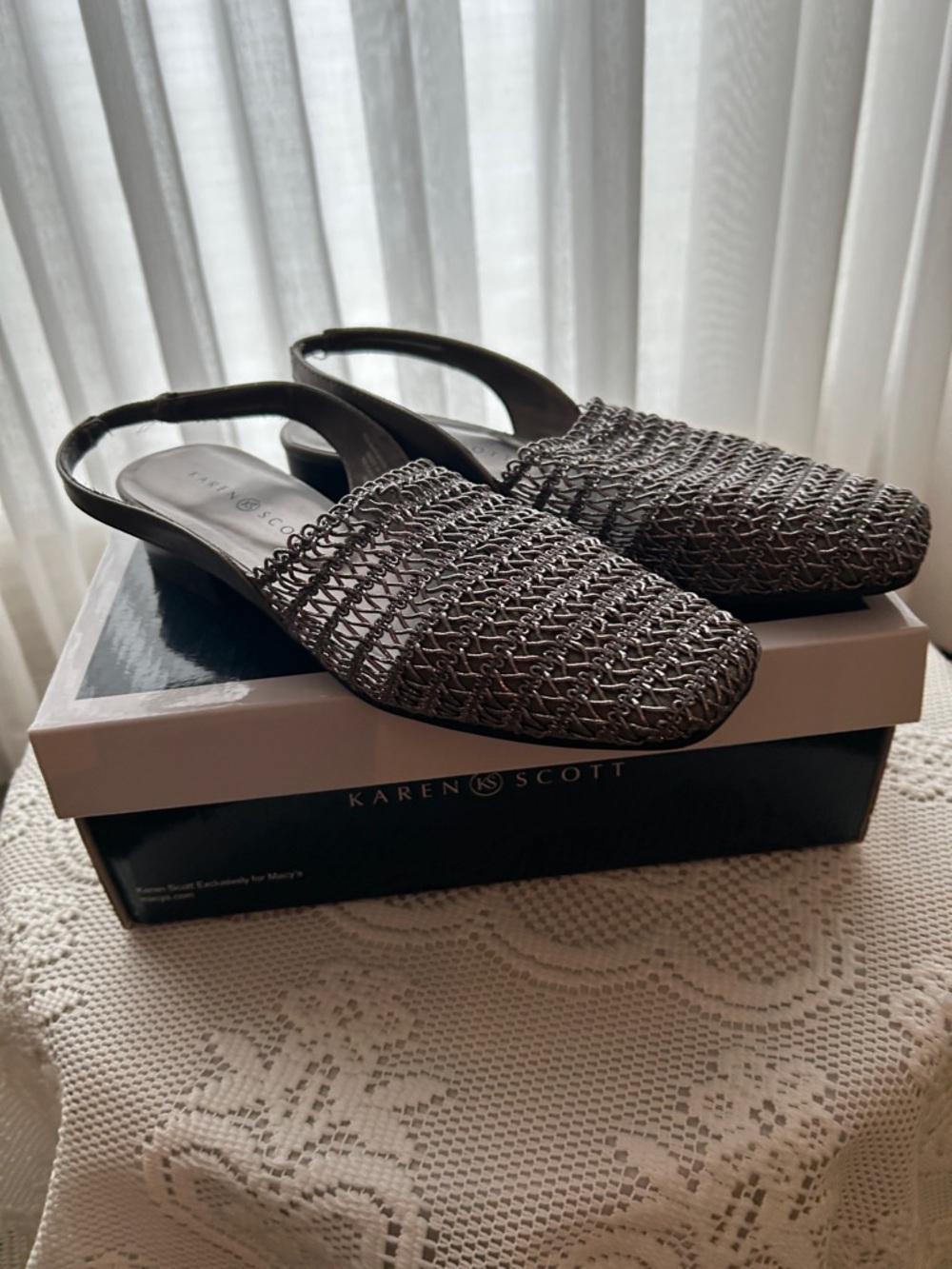 Karen Scott Metallic Pewter Silver Gray Woven Slingback Mules Size 8